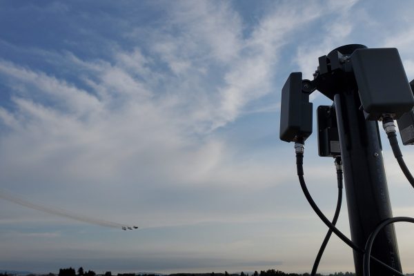 The Aeroscope comes in variants capable of detecting drones over various ranges. This system, using four antennae, has a range of 25 km. At the Abbotsford International Airshow it was used as an extra layer of security, and detected the location of multiple drones and their pilots. Image courtesy of BlueForce UAV.