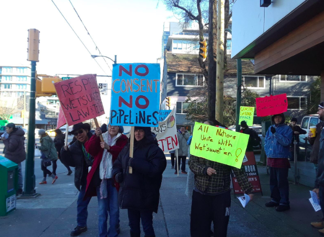NDP MLA George Heyman’s office locked as 30 Indigenous people and supporters demand cease and desist of Coastal GasLink work in Unist’ot’en Territory